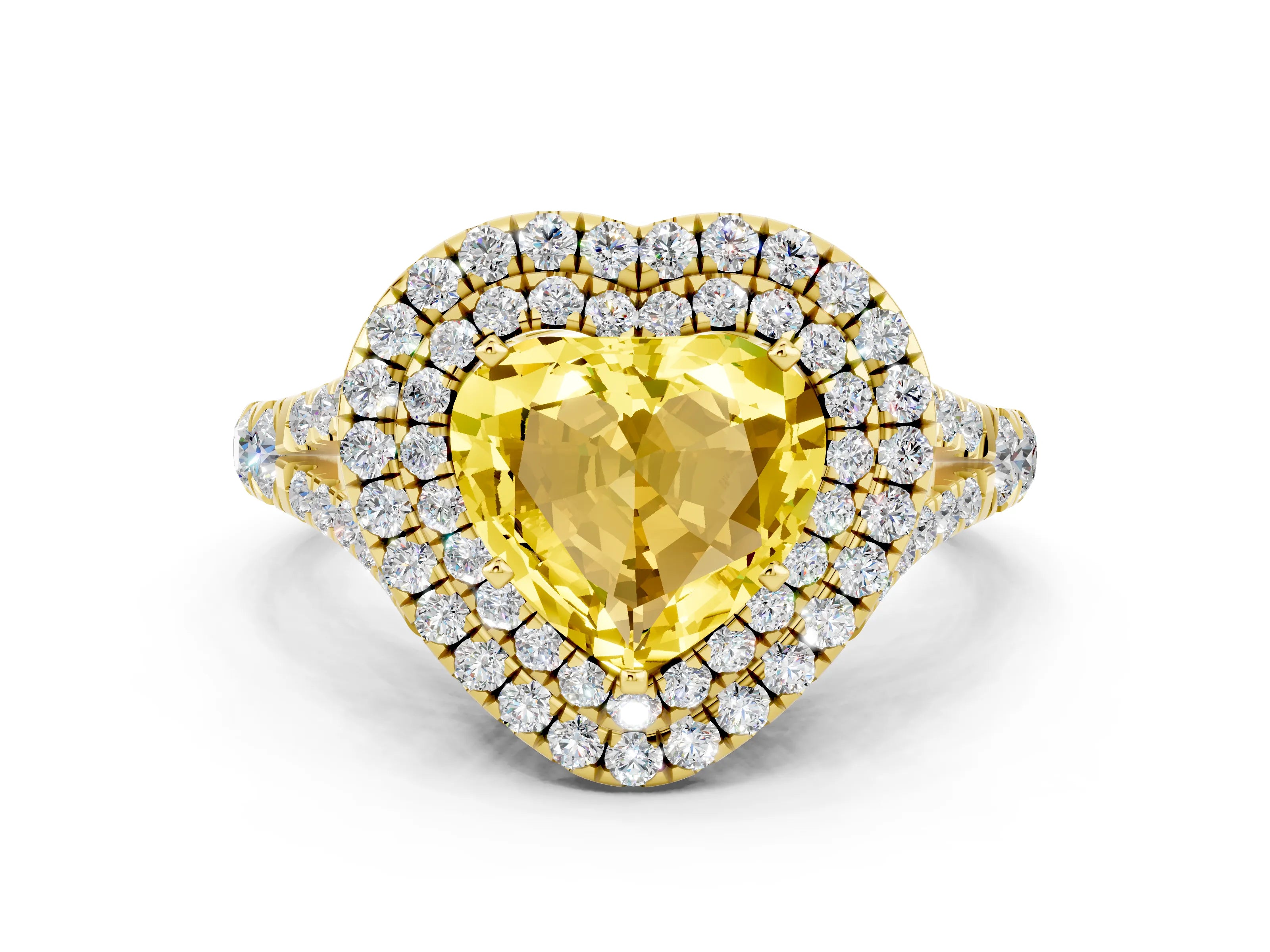 Yellow gold Double Halo Heart Cut Yellow Sapphire Split Shank Engagement Ring with Four-Prong Setting