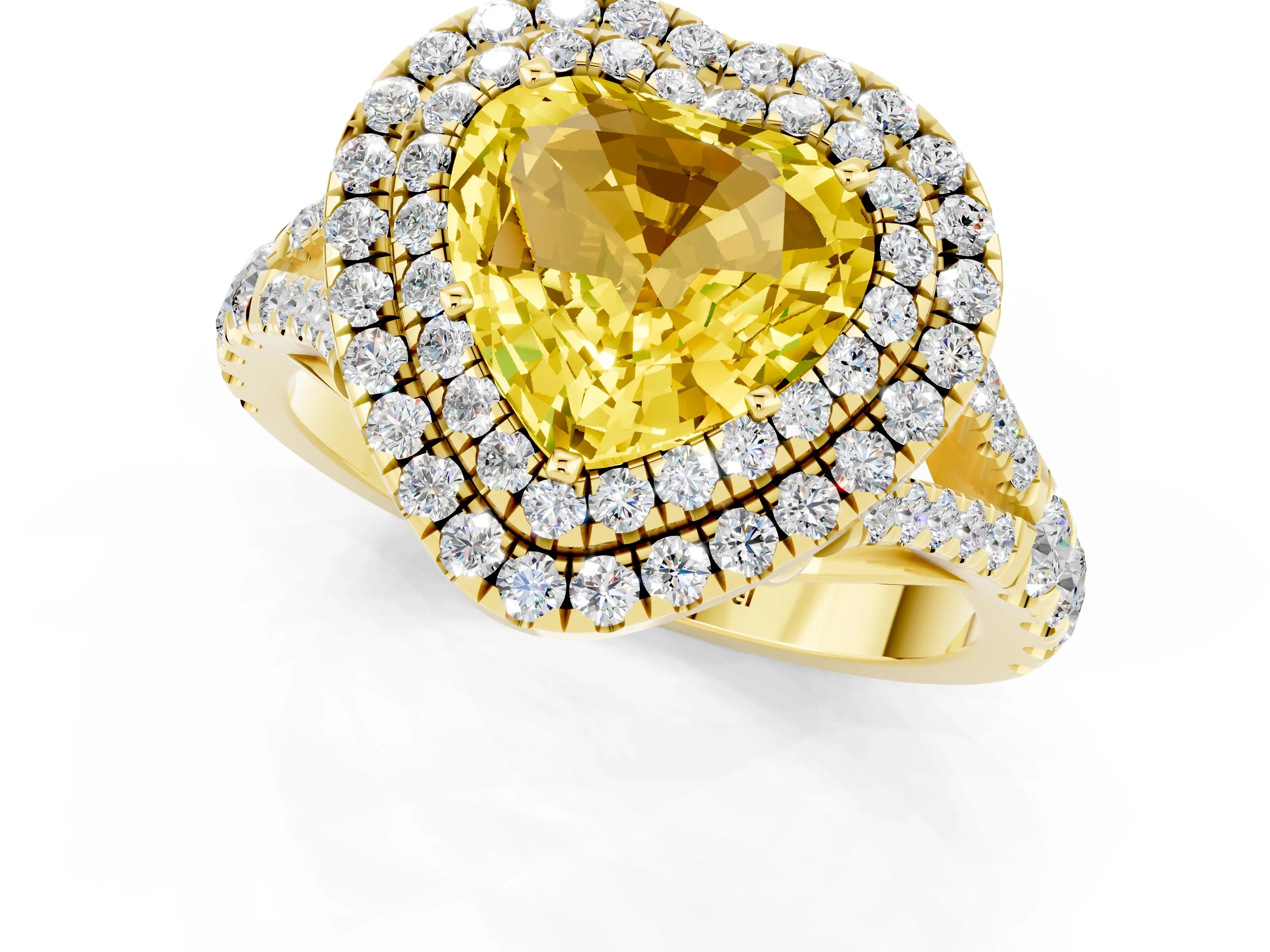 Yellow gold Double Halo Heart Cut Yellow Sapphire Split Shank Engagement Ring with Four-Prong Setting_1