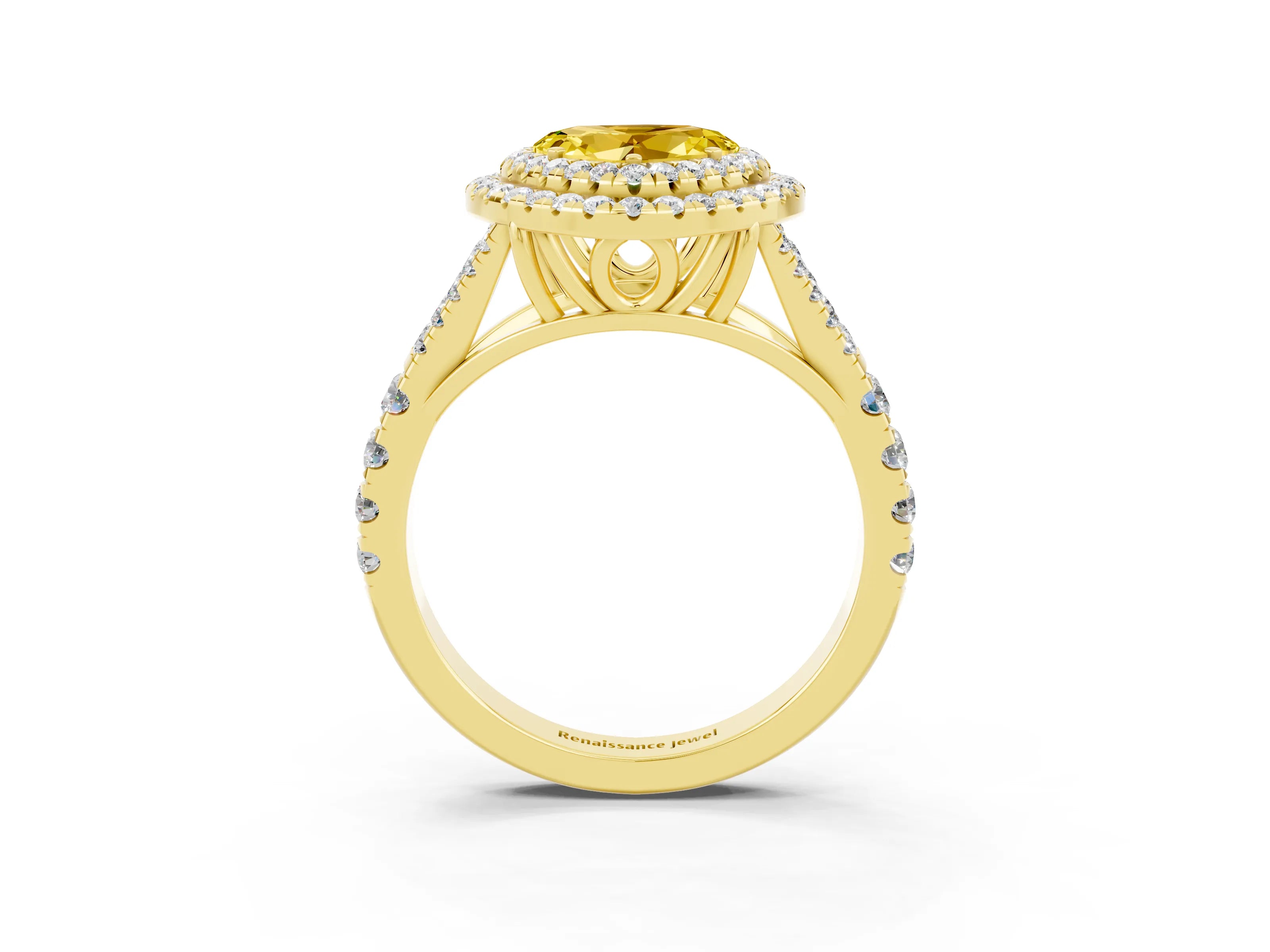 Yellow gold Double Halo Heart Cut Yellow Sapphire Split Shank Engagement Ring with Four-Prong Setting_3