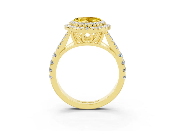 Yellow gold Double Halo Heart Cut Yellow Sapphire Split Shank Engagement Ring with Four-Prong Setting