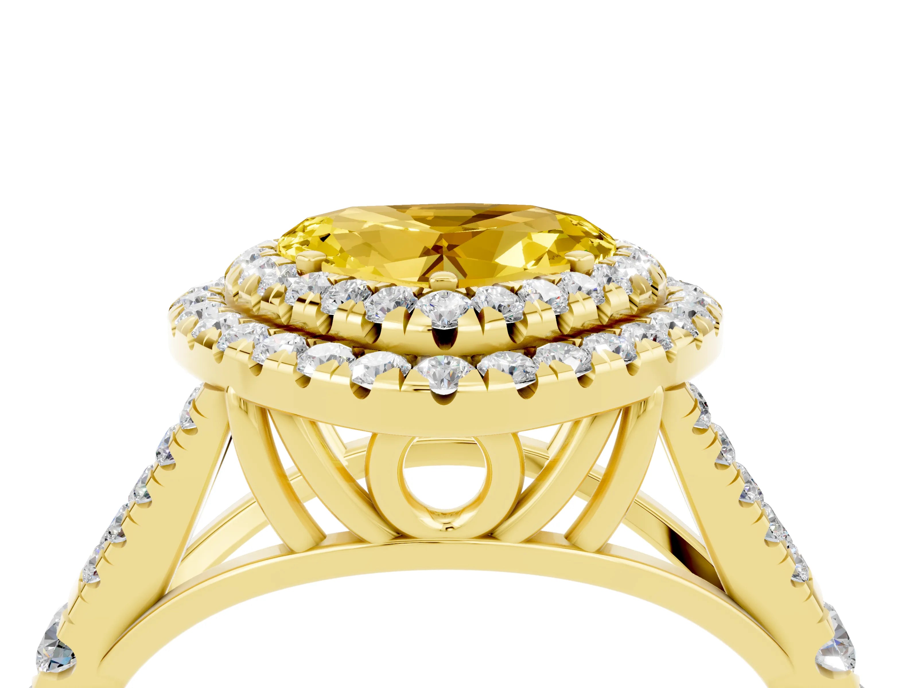 Yellow gold Double Halo Heart Cut Yellow Sapphire Split Shank Engagement Ring with Four-Prong Setting_4