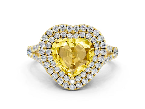 Yellow gold Double Halo Heart Cut Yellow Sapphire Split Shank Engagement Ring with Four-Prong Setting