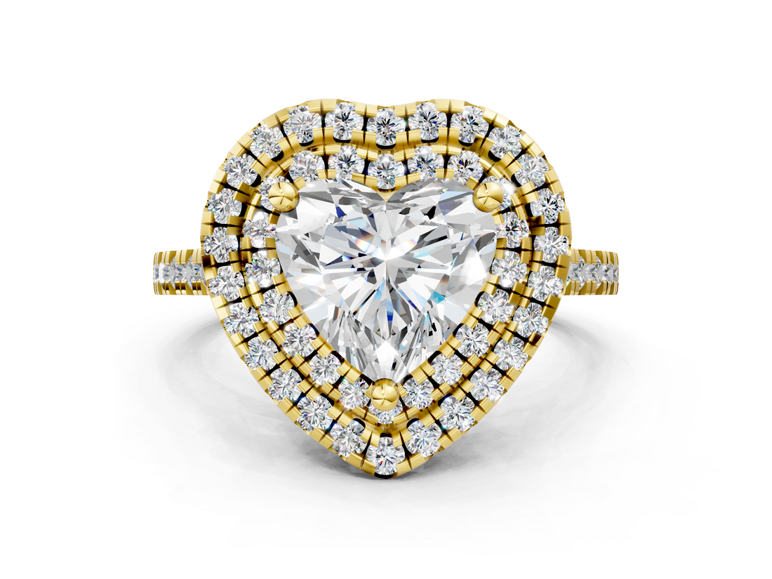 Yellow gold Double Halo Heart Diamond Pave Band with Four-Prong Setting_58