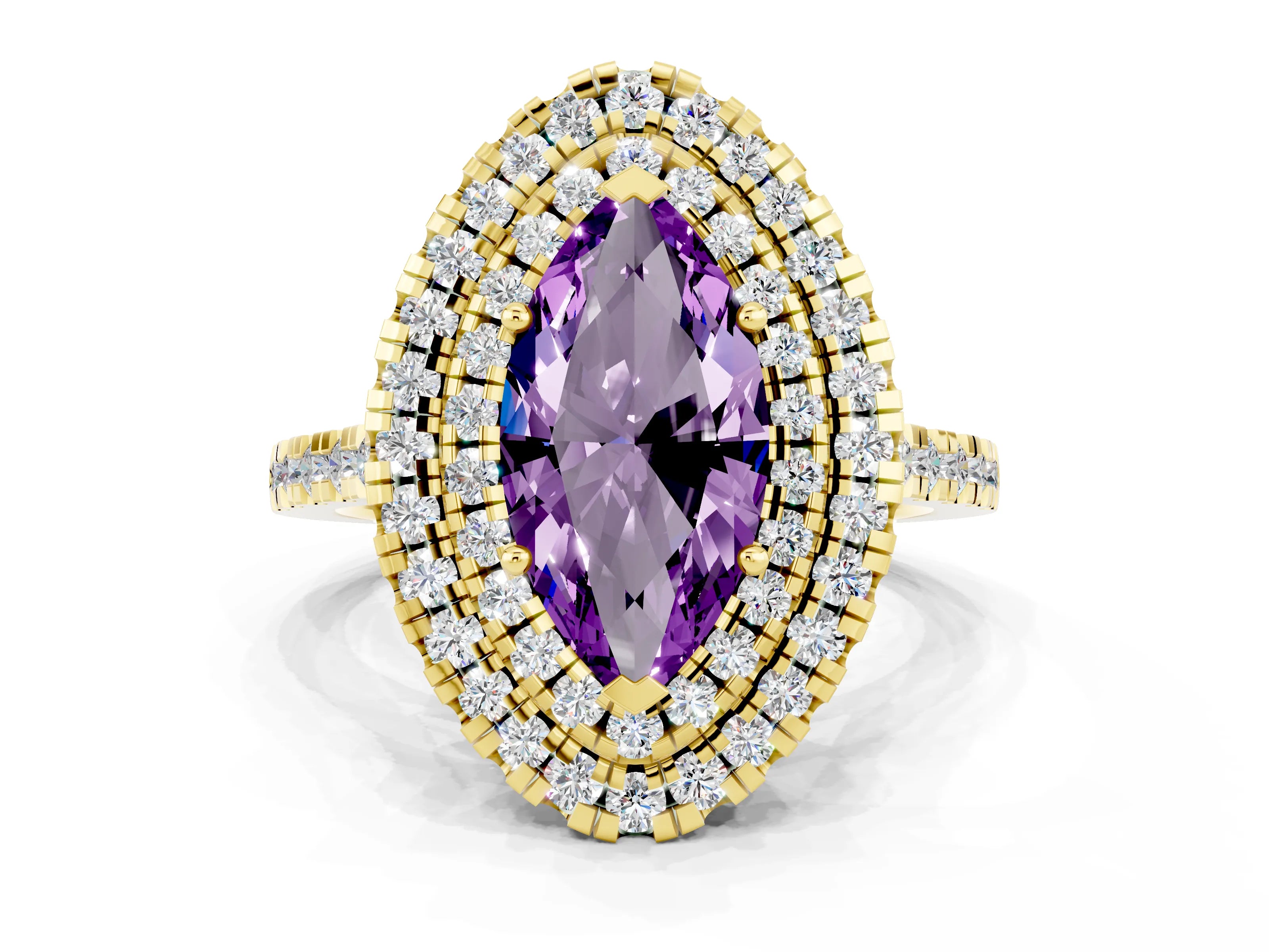 Yellow gold Double Halo Marquise Cut Amethyst Pavé Band with Four-Prong Setting