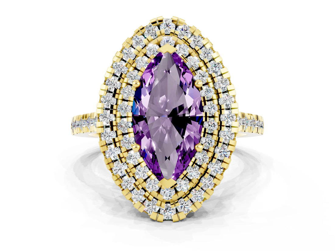 Yellow gold Double Halo Marquise Cut Amethyst Pavé Band with Four-Prong Setting