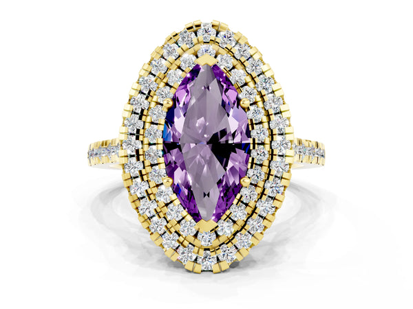 Yellow gold Double Halo Marquise Cut Amethyst Pavé Band with Four-Prong Setting