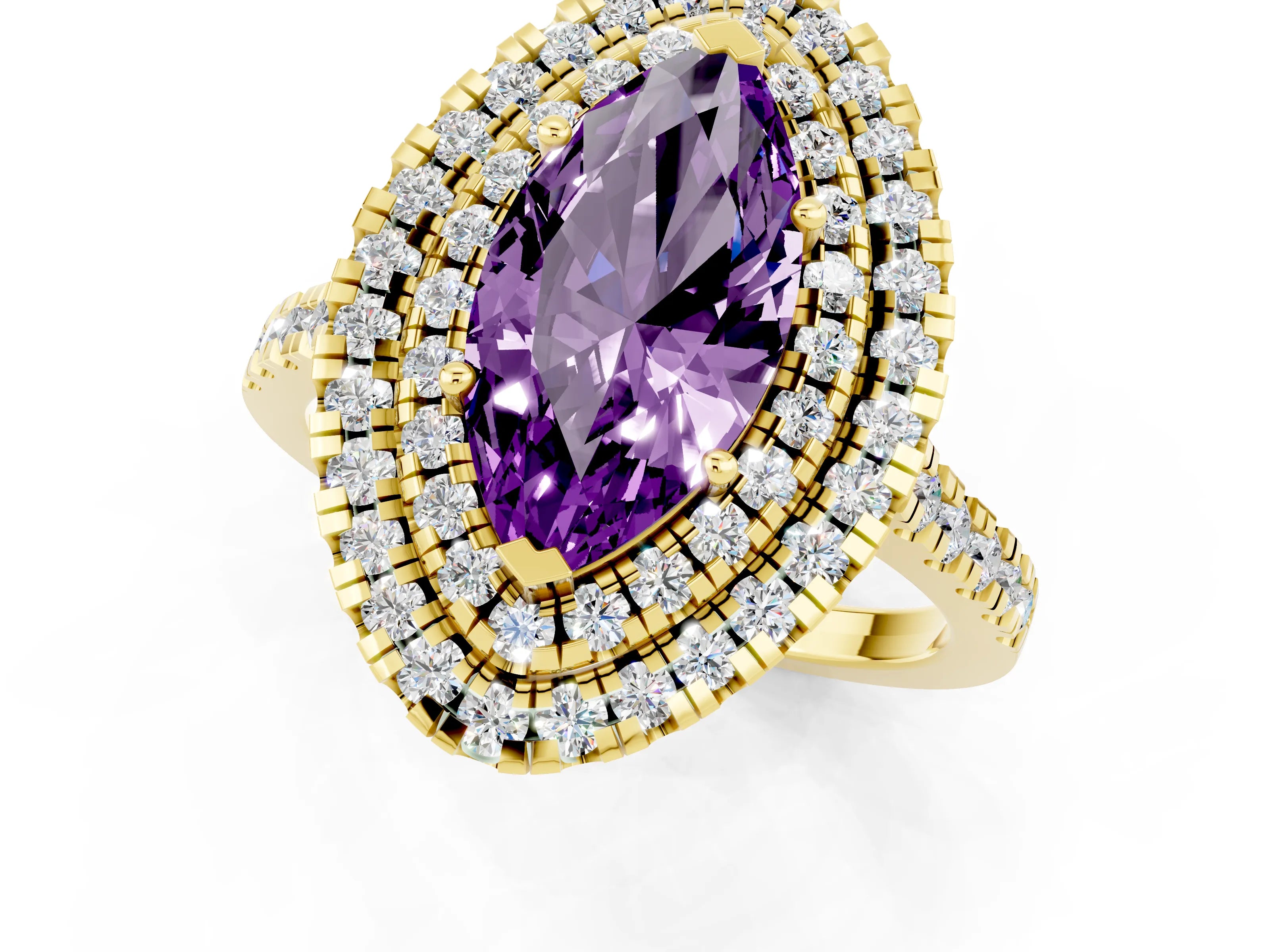 Yellow gold Double Halo Marquise Cut Amethyst Pavé Band with Four-Prong Setting_1
