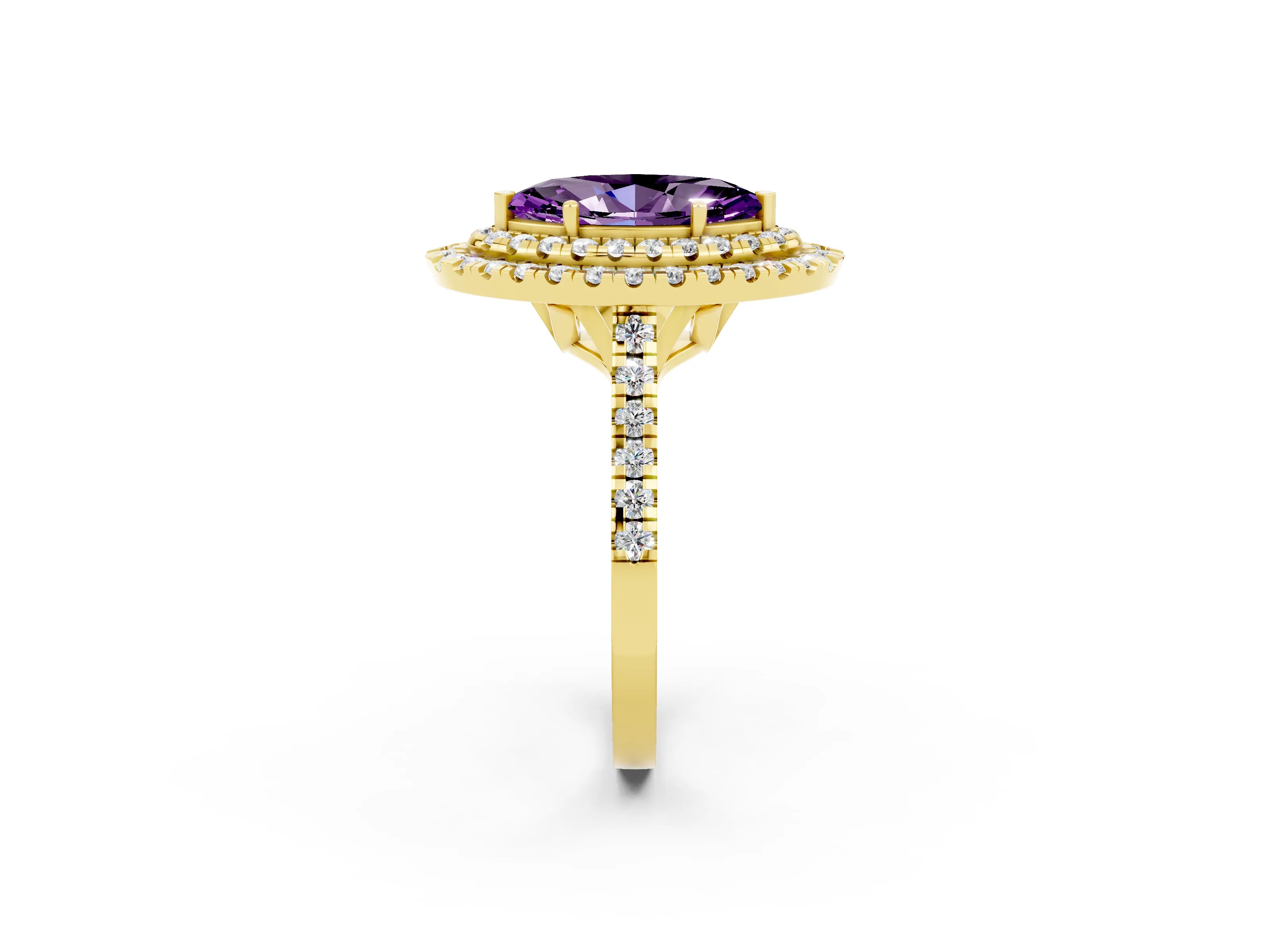 Yellow gold Double Halo Marquise Cut Amethyst Pavé Band with Four-Prong Setting_2