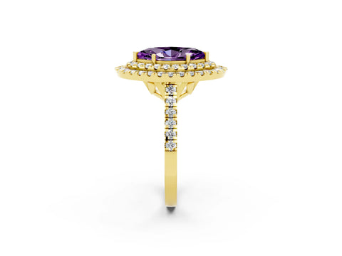 Yellow gold Double Halo Marquise Cut Amethyst Pavé Band with Four-Prong Setting_2