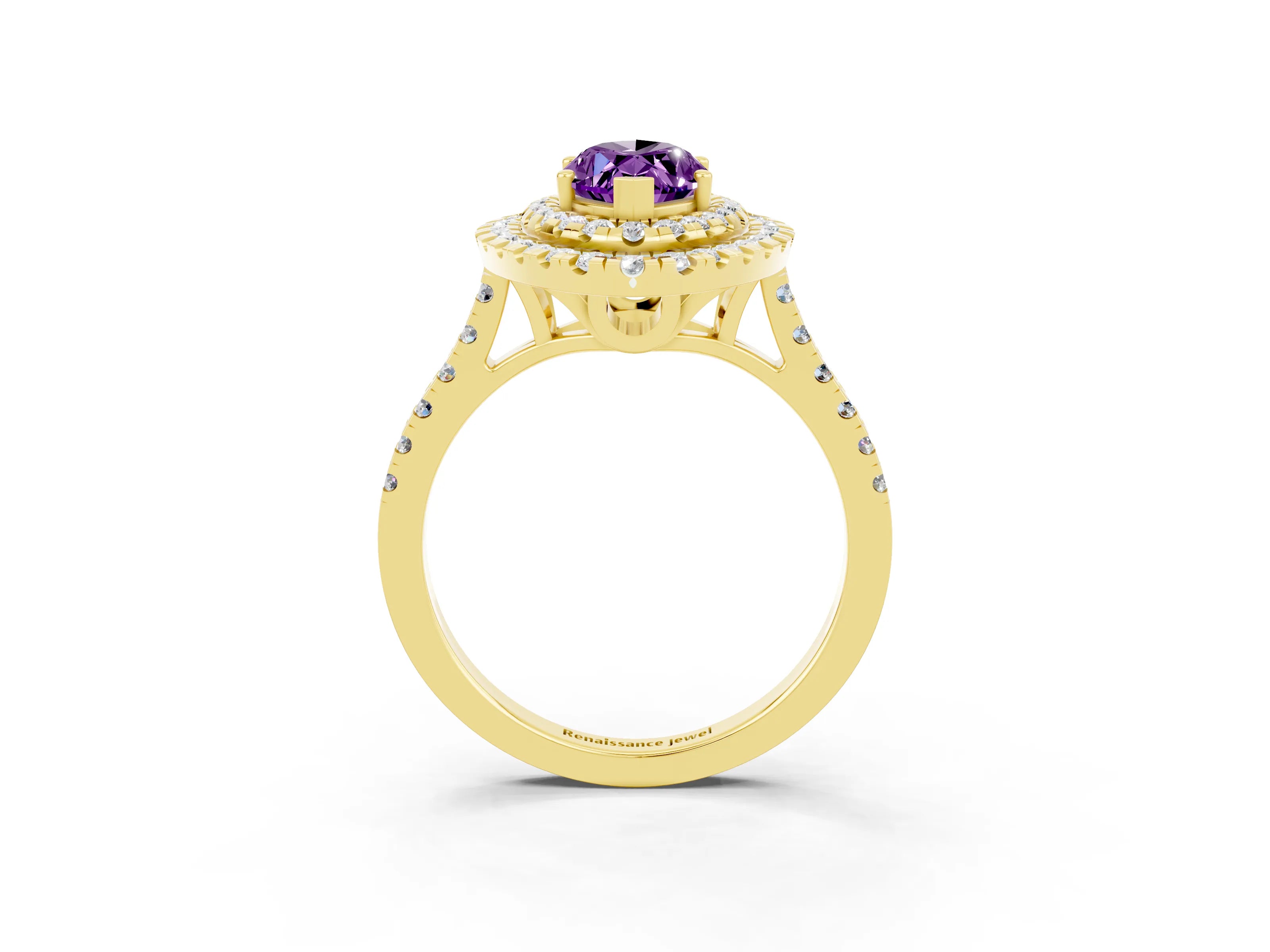 Yellow gold Double Halo Marquise Cut Amethyst Pavé Band with Four-Prong Setting_3