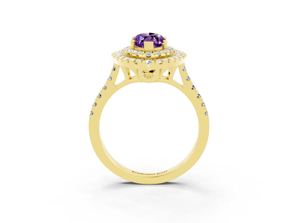 Yellow gold Double Halo Marquise Cut Amethyst Pavé Band with Four-Prong Setting