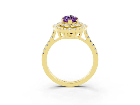 Yellow gold Double Halo Marquise Cut Amethyst Pavé Band with Four-Prong Setting_3