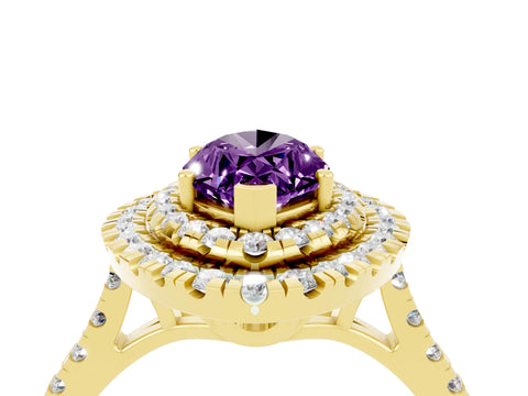 Yellow gold Double Halo Marquise Cut Amethyst Pavé Band with Four-Prong Setting_4