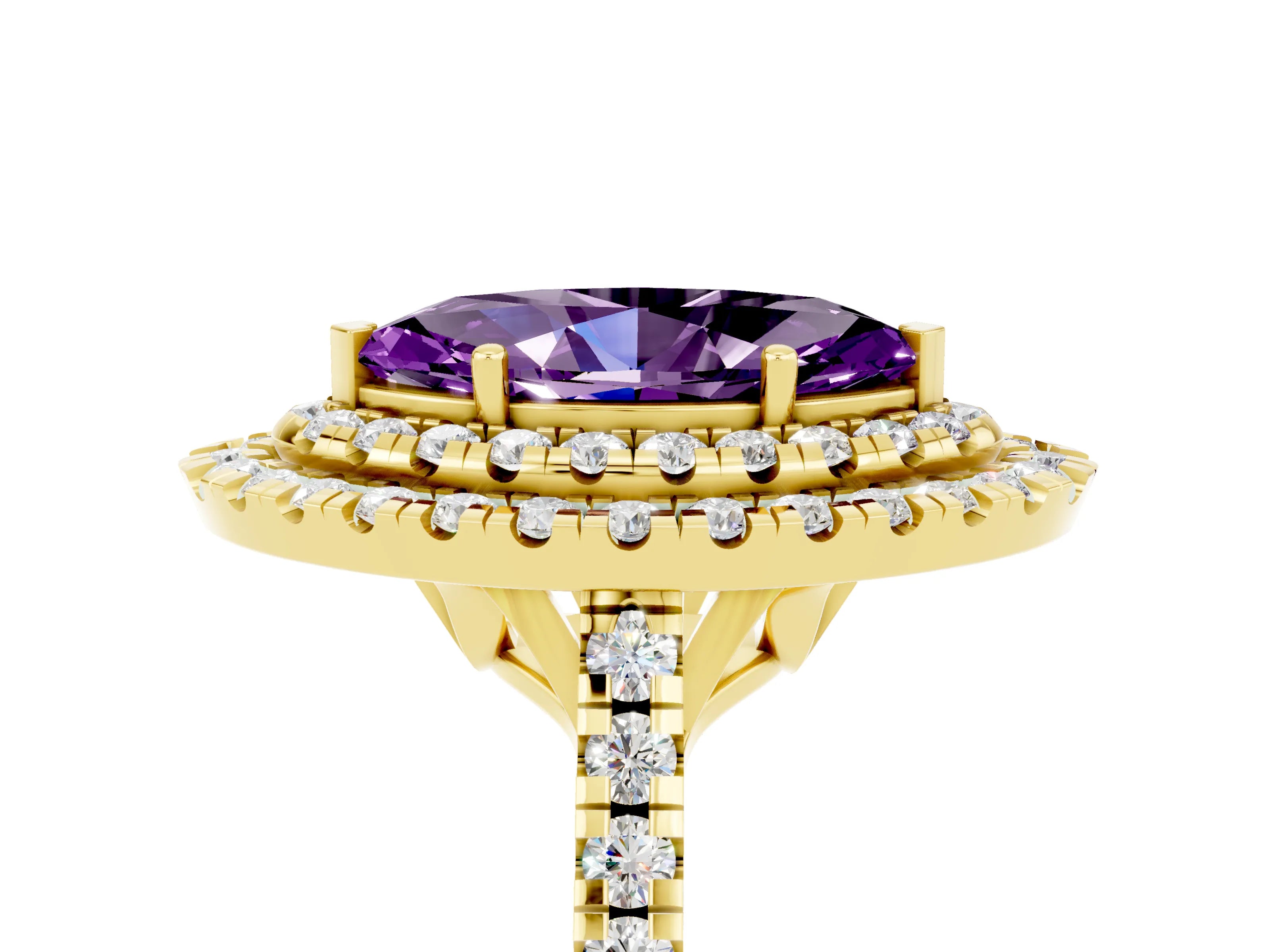 Yellow gold Double Halo Marquise Cut Amethyst Pavé Band with Four-Prong Setting_5