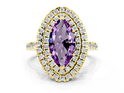 Yellow gold Double Halo Marquise Cut Amethyst Pavé Band with Four-Prong Setting