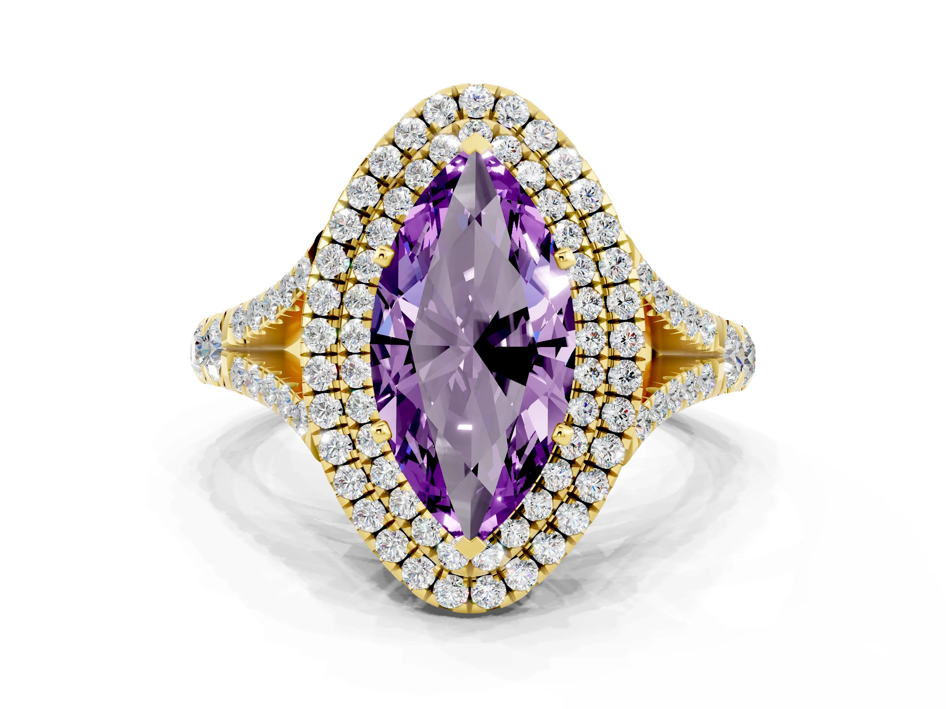 Yellow gold Double Halo Marquise Cut Amethyst Pavé Split Shank Ring with Prong Setting