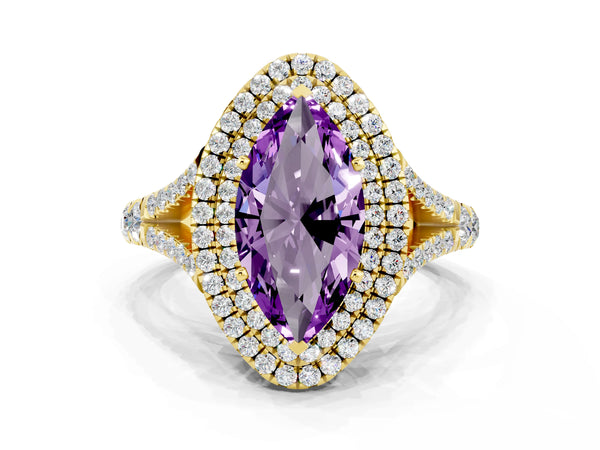 Yellow gold Double Halo Marquise Cut Amethyst Pavé Split Shank Ring with Prong Setting