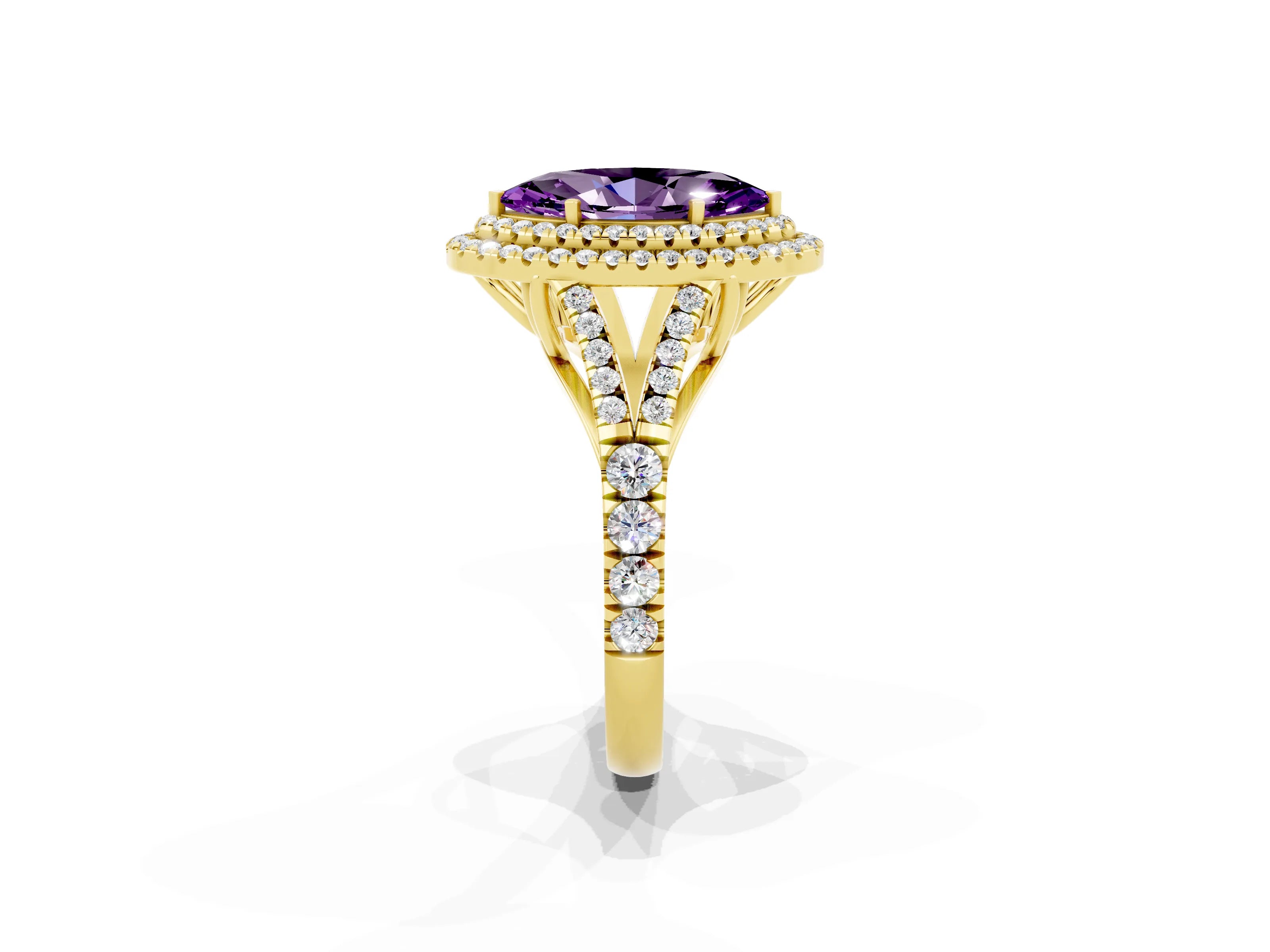 Yellow gold Double Halo Marquise Cut Amethyst Pavé Split Shank Ring with Prong Setting_1