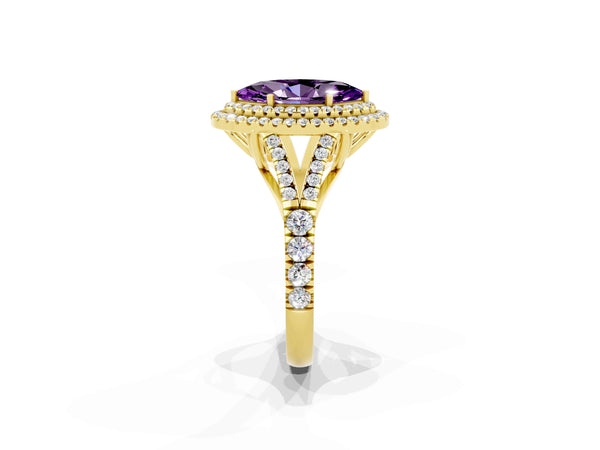 Yellow gold Double Halo Marquise Cut Amethyst Pavé Split Shank Ring with Prong Setting