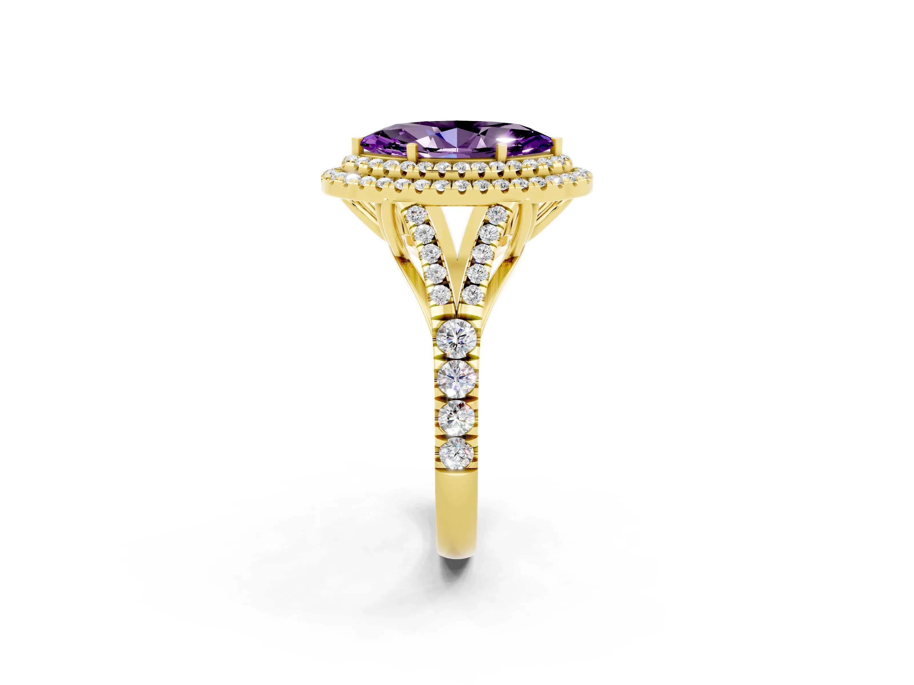 Yellow gold Double Halo Marquise Cut Amethyst Pavé Split Shank Ring with Prong Setting_2