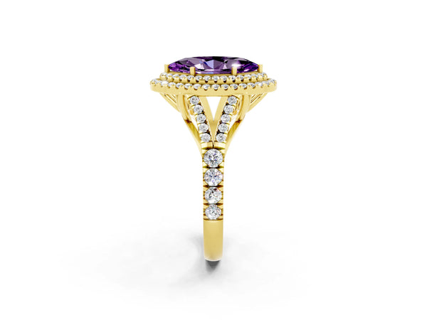 Yellow gold Double Halo Marquise Cut Amethyst Pavé Split Shank Ring with Prong Setting