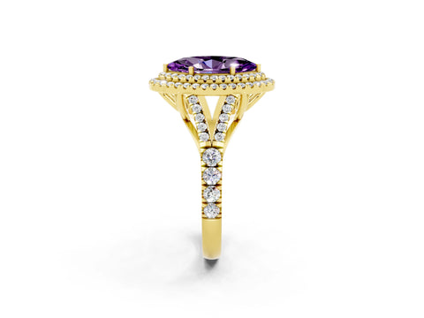 Yellow gold Double Halo Marquise Cut Amethyst Pavé Split Shank Ring with Prong Setting_2