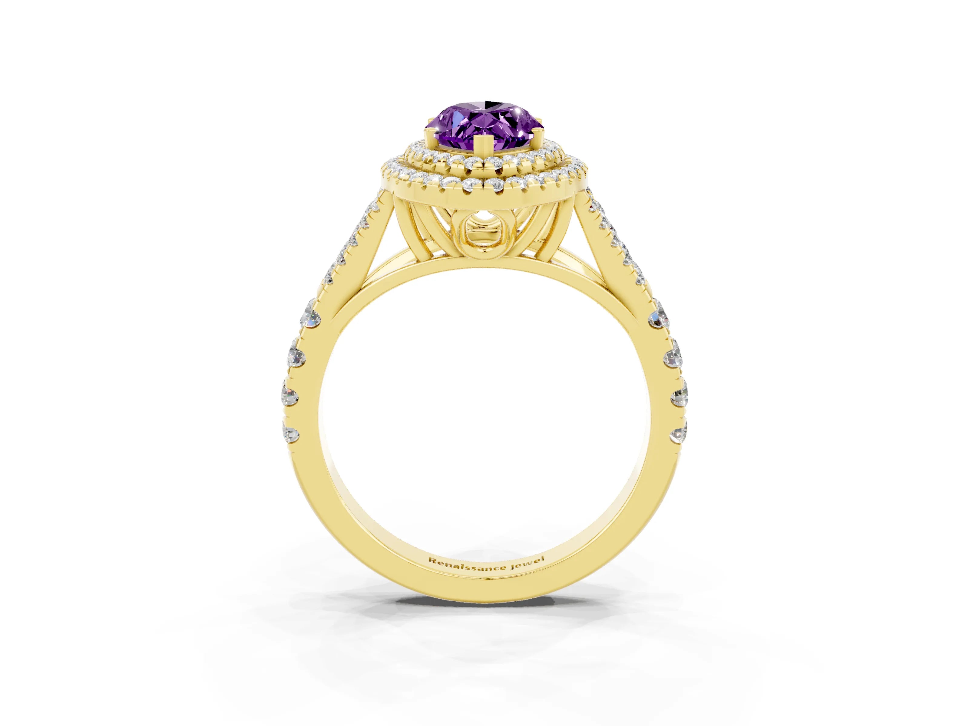 Yellow gold Double Halo Marquise Cut Amethyst Pavé Split Shank Ring with Prong Setting_3