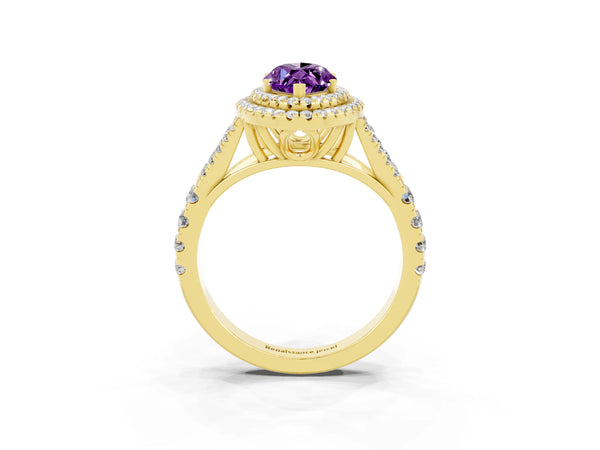 Yellow gold Double Halo Marquise Cut Amethyst Pavé Split Shank Ring with Prong Setting