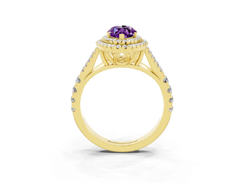 Yellow gold Double Halo Marquise Cut Amethyst Pavé Split Shank Ring with Prong Setting_3