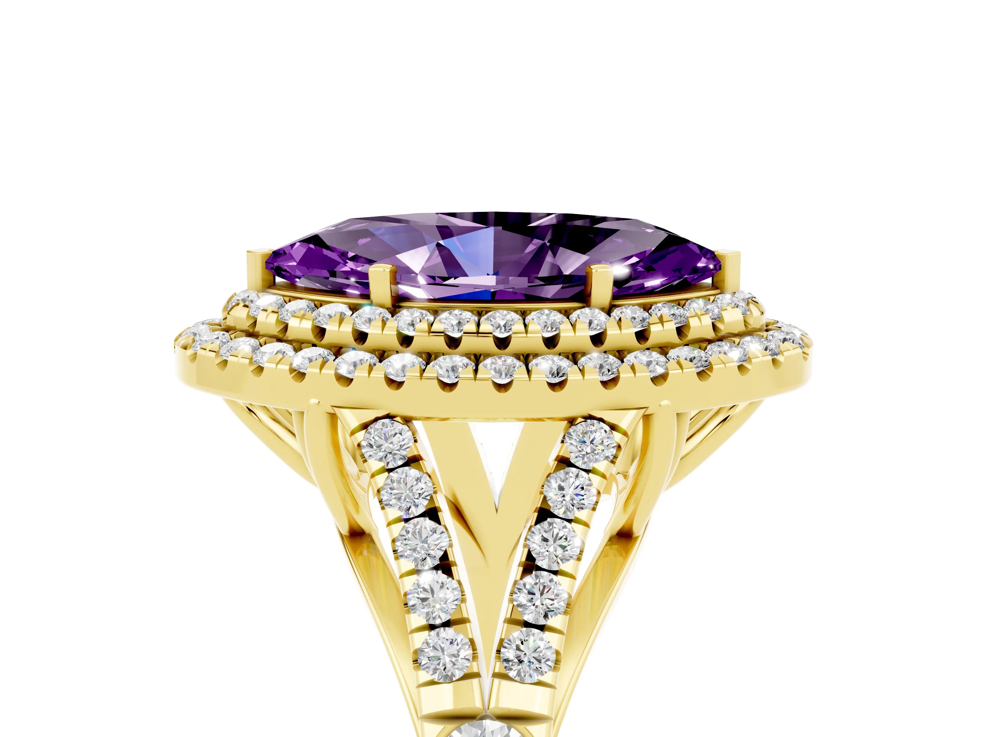 Yellow gold Double Halo Marquise Cut Amethyst Pavé Split Shank Ring with Prong Setting_5