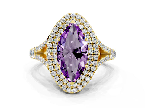 Yellow gold Double Halo Marquise Cut Amethyst Pavé Split Shank Ring with Prong Setting