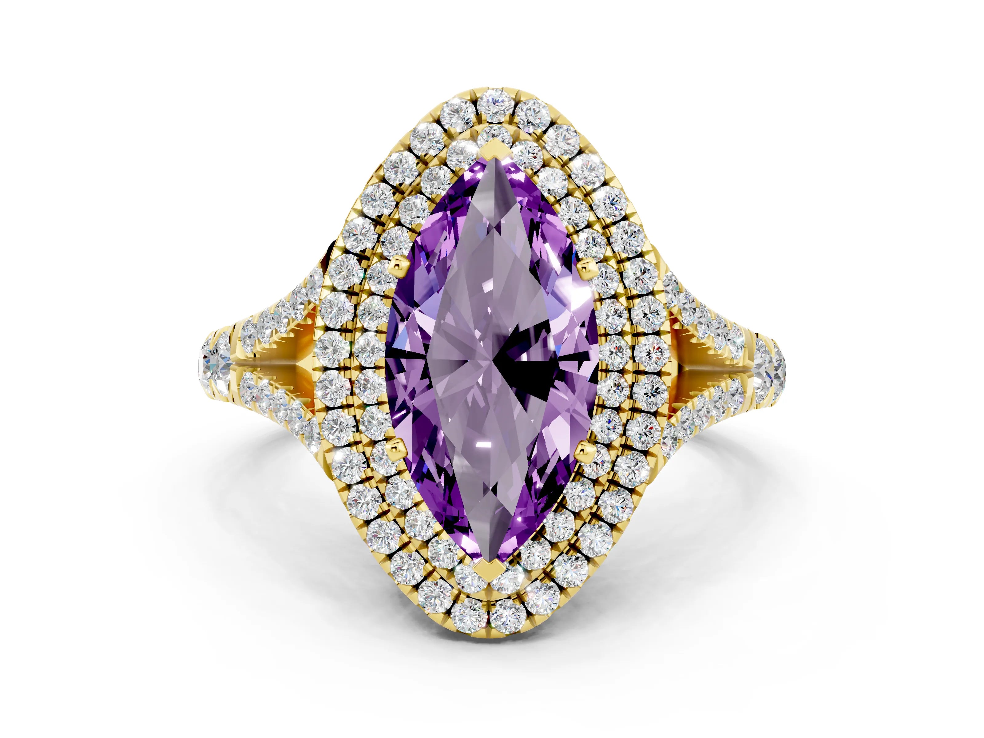 Yellow gold Double Halo Marquise Cut Amethyst Split Shank Engagement Ring with Four-Prong Setting