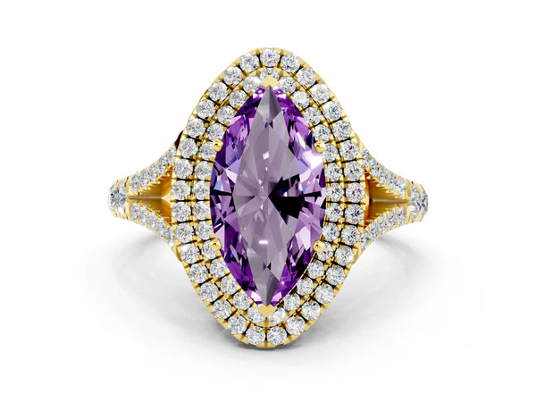 Yellow gold Double Halo Marquise Cut Amethyst Split Shank Engagement Ring with Four-Prong Setting