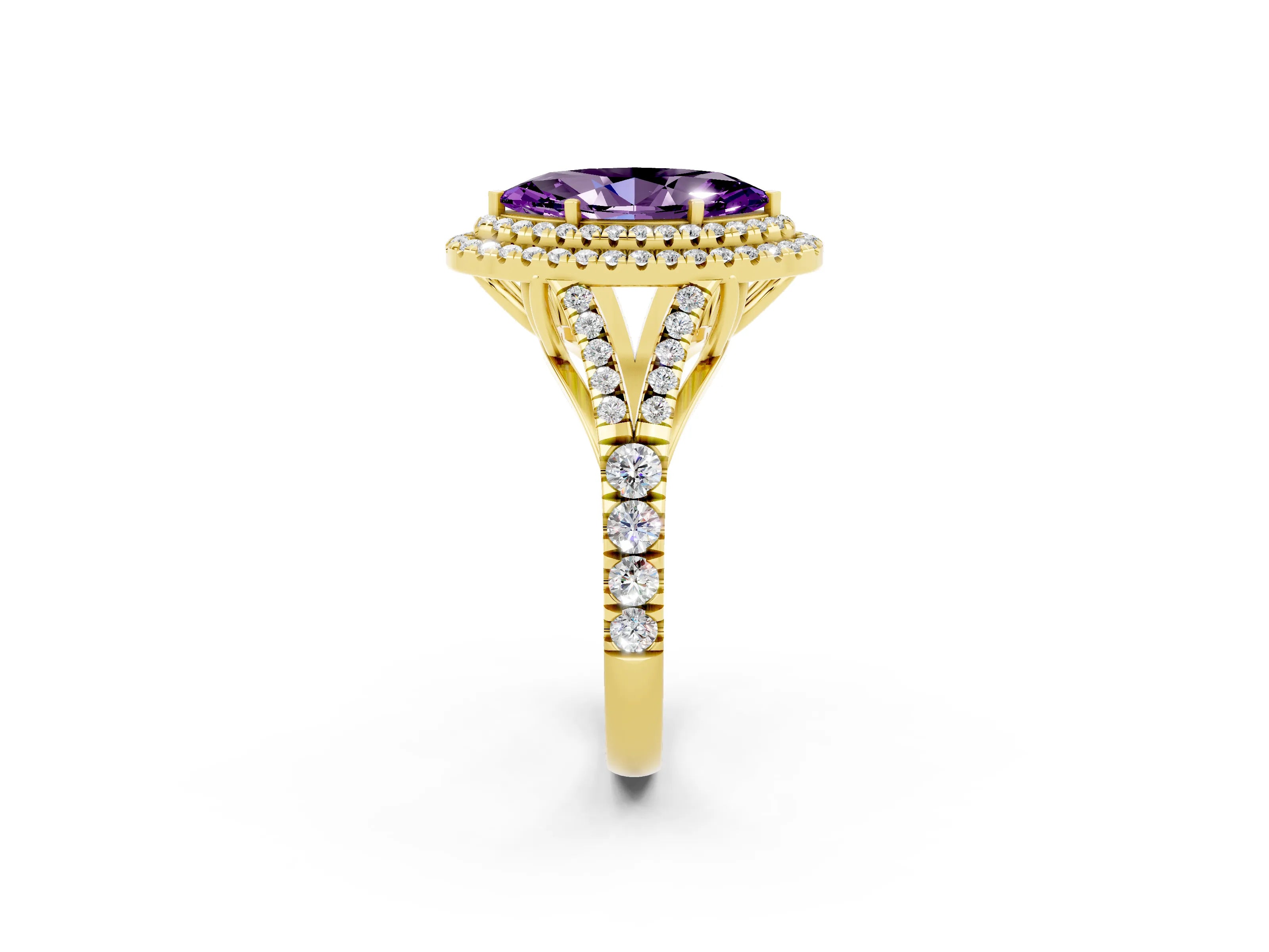 Yellow gold Double Halo Marquise Cut Amethyst Split Shank Engagement Ring with Four-Prong Setting_2