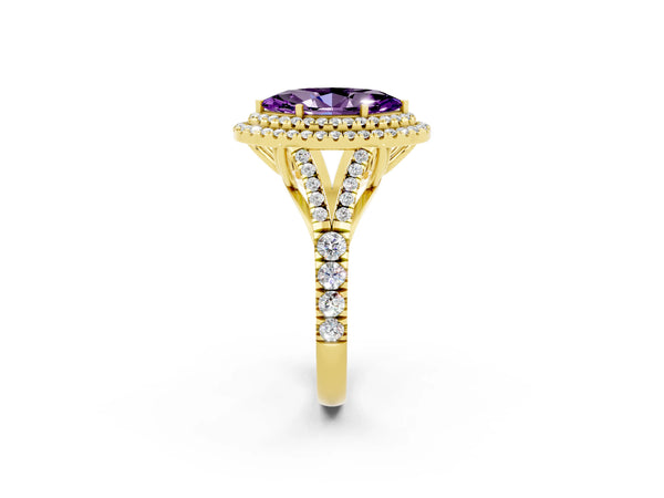 Yellow gold Double Halo Marquise Cut Amethyst Split Shank Engagement Ring with Four-Prong Setting