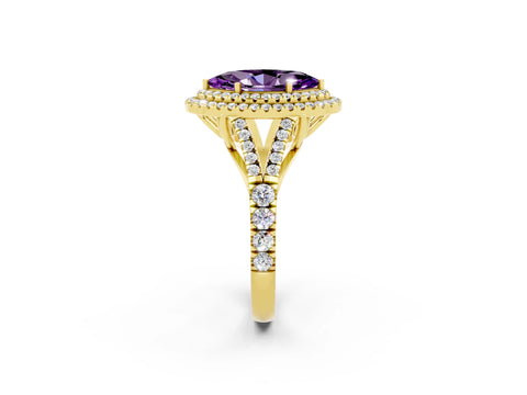 Yellow gold Double Halo Marquise Cut Amethyst Split Shank Engagement Ring with Four-Prong Setting_2