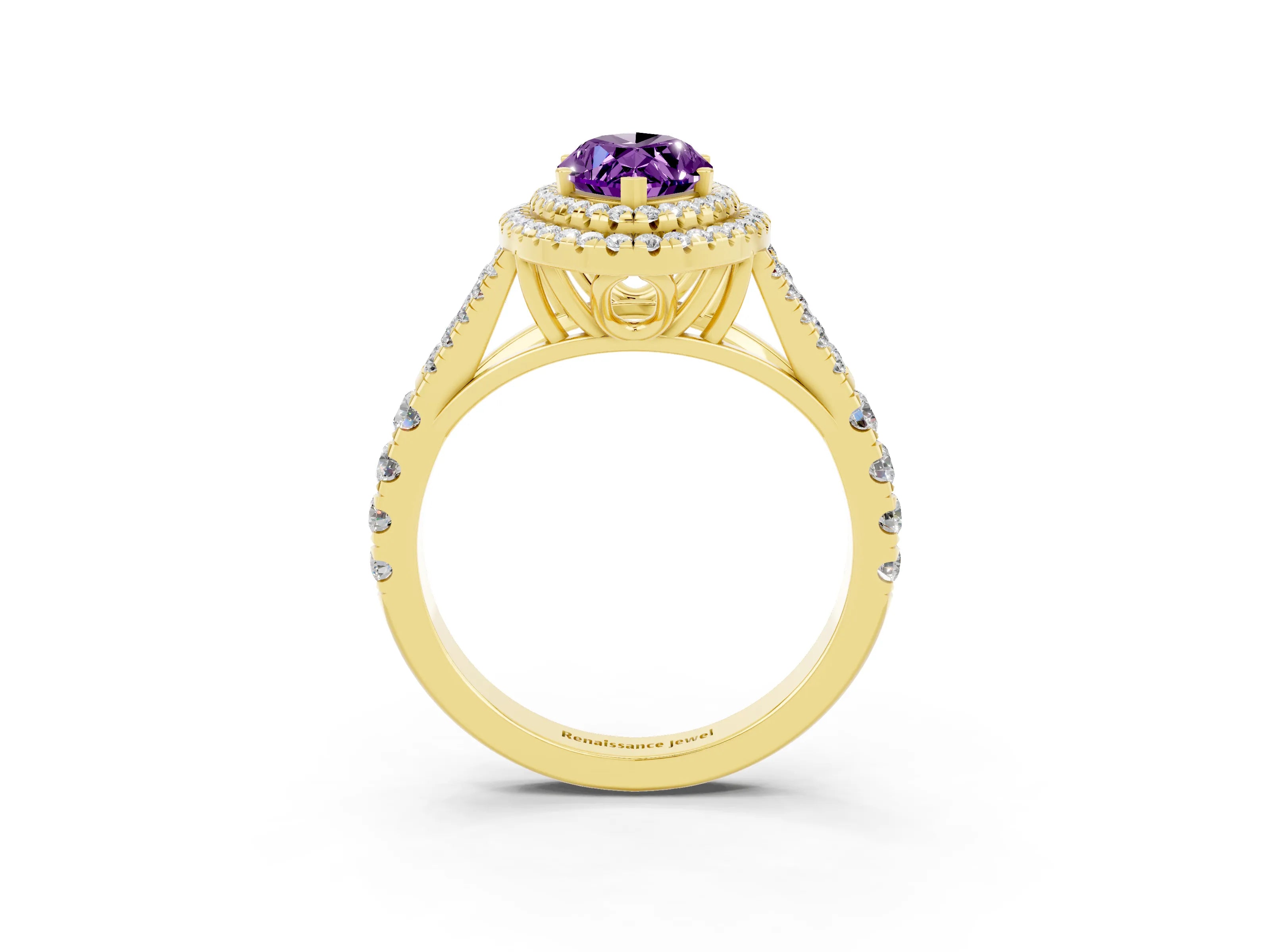 Yellow gold Double Halo Marquise Cut Amethyst Split Shank Engagement Ring with Four-Prong Setting_3