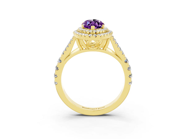 Yellow gold Double Halo Marquise Cut Amethyst Split Shank Engagement Ring with Four-Prong Setting