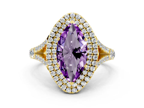 Yellow gold Double Halo Marquise Cut Amethyst Split Shank Engagement Ring with Four-Prong Setting