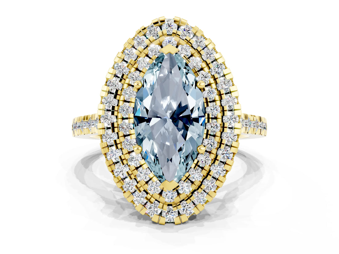 Yellow gold Double Halo Marquise Cut Aquamarine Pavé Band with Four-Prong Setting