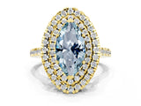 Yellow gold Double Halo Marquise Cut Aquamarine Pavé Band with Four-Prong Setting