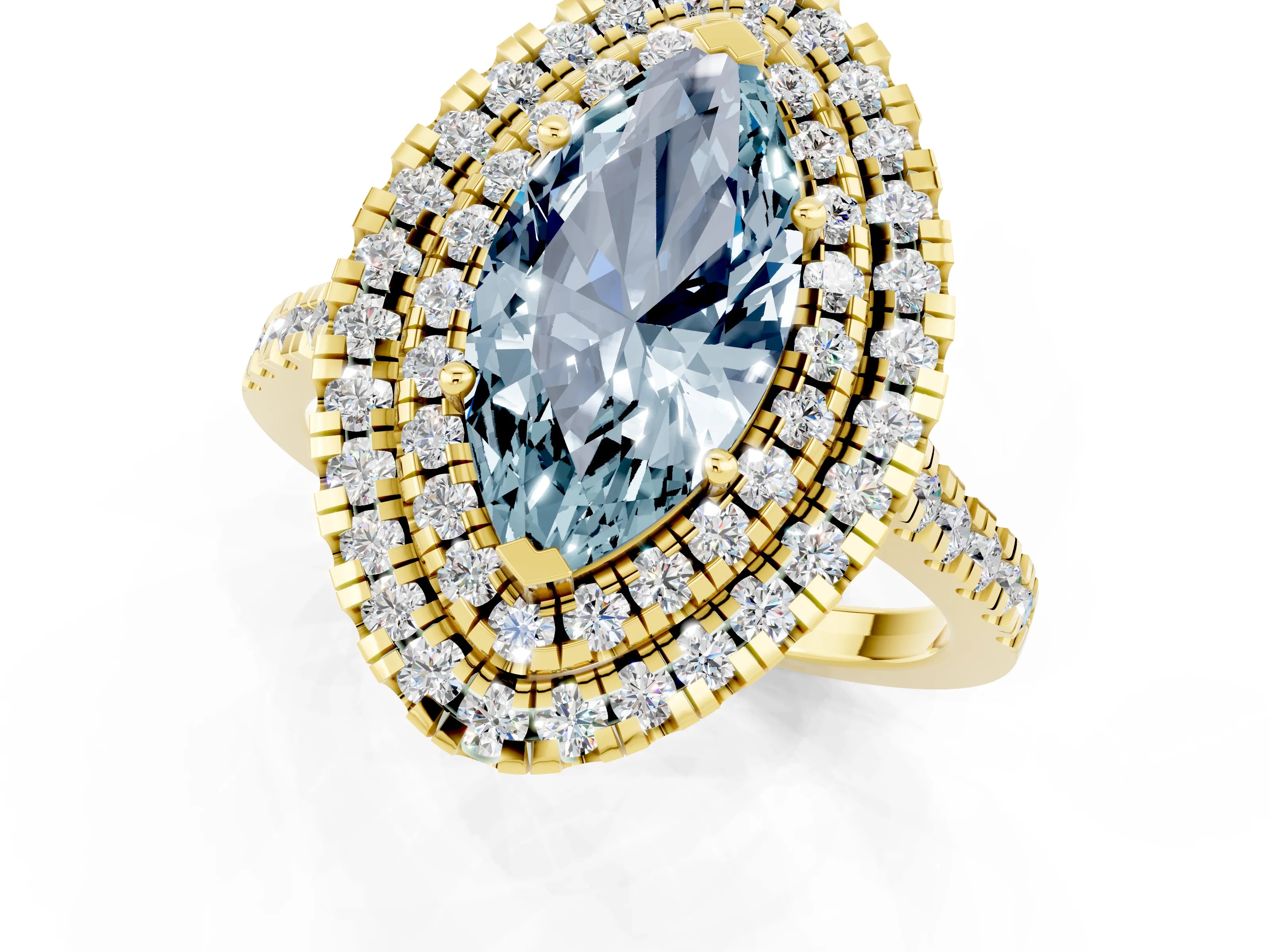Yellow gold Double Halo Marquise Cut Aquamarine Pavé Band with Four-Prong Setting_1