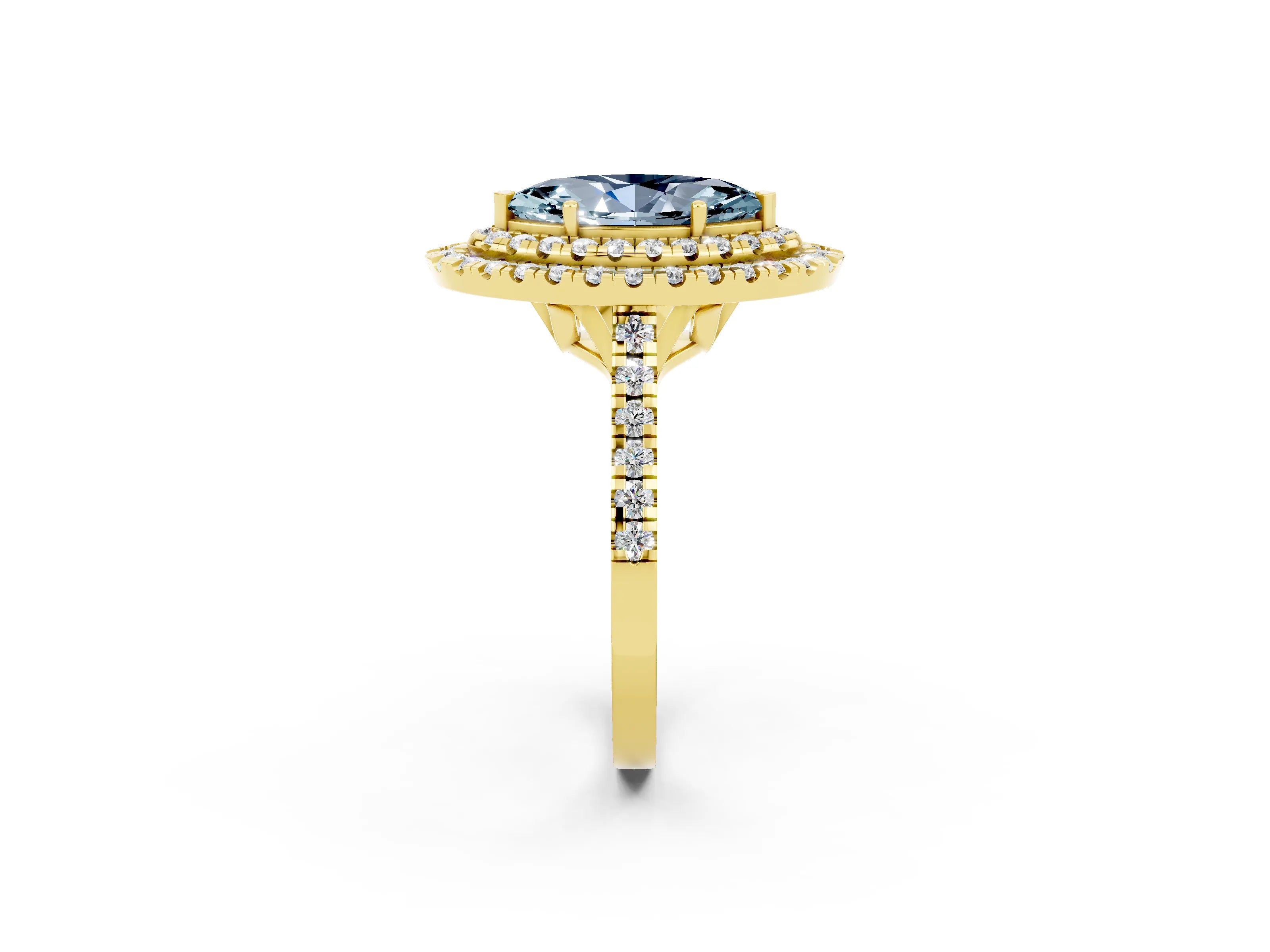 Yellow gold Double Halo Marquise Cut Aquamarine Pavé Band with Four-Prong Setting_2
