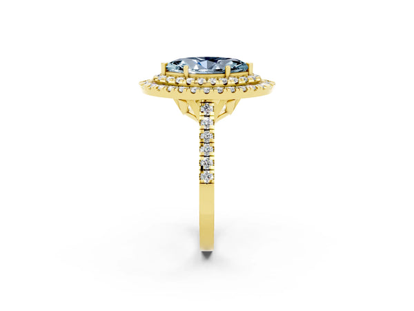 Yellow gold Double Halo Marquise Cut Aquamarine Pavé Band with Four-Prong Setting