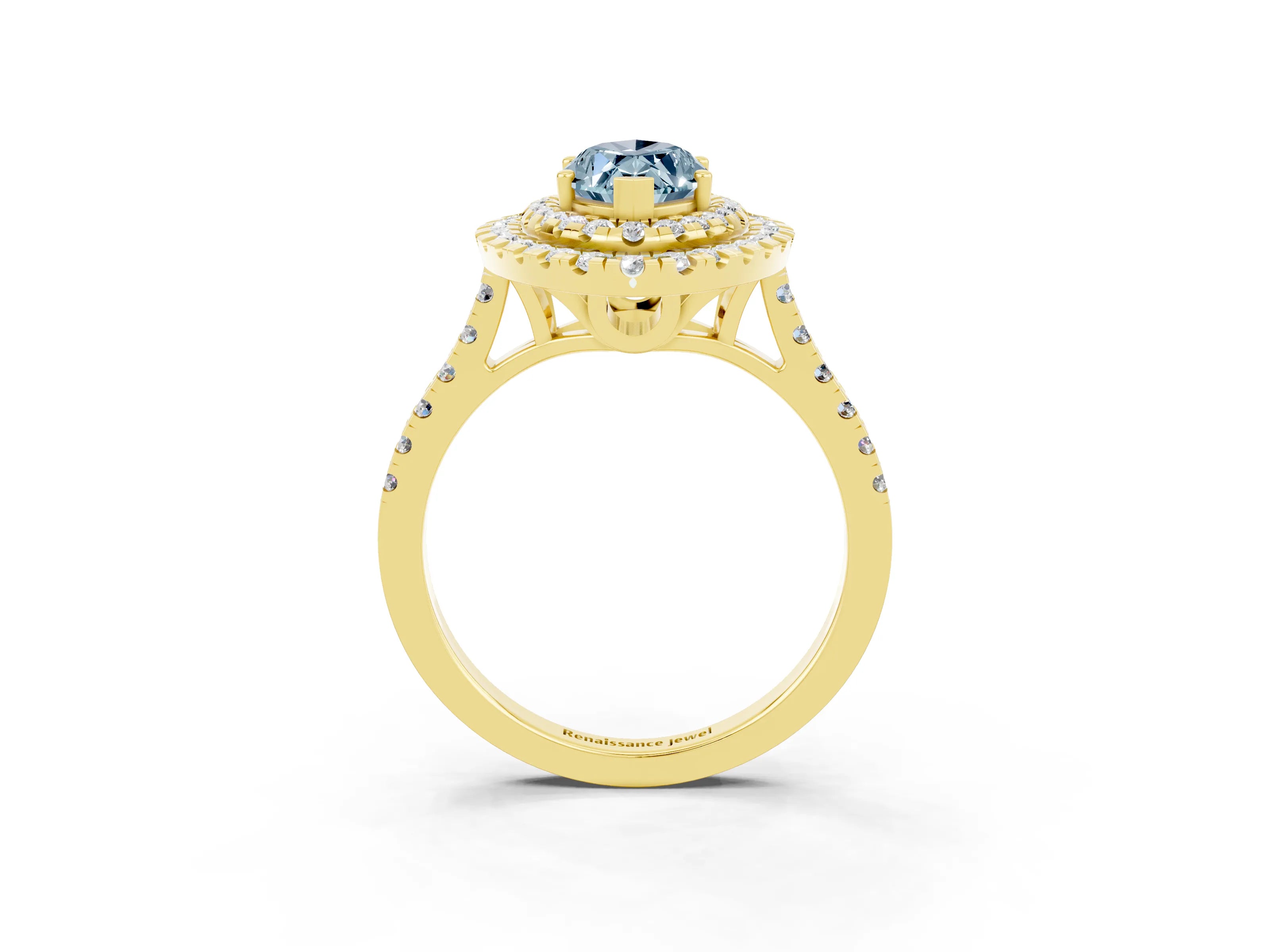 Yellow gold Double Halo Marquise Cut Aquamarine Pavé Band with Four-Prong Setting_3
