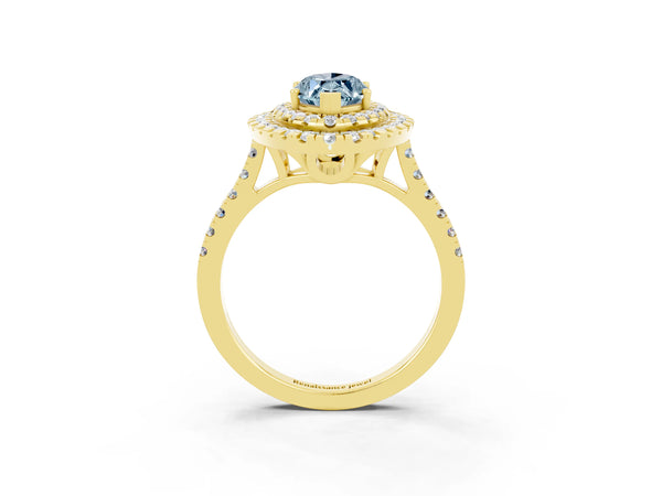 Yellow gold Double Halo Marquise Cut Aquamarine Pavé Band with Four-Prong Setting