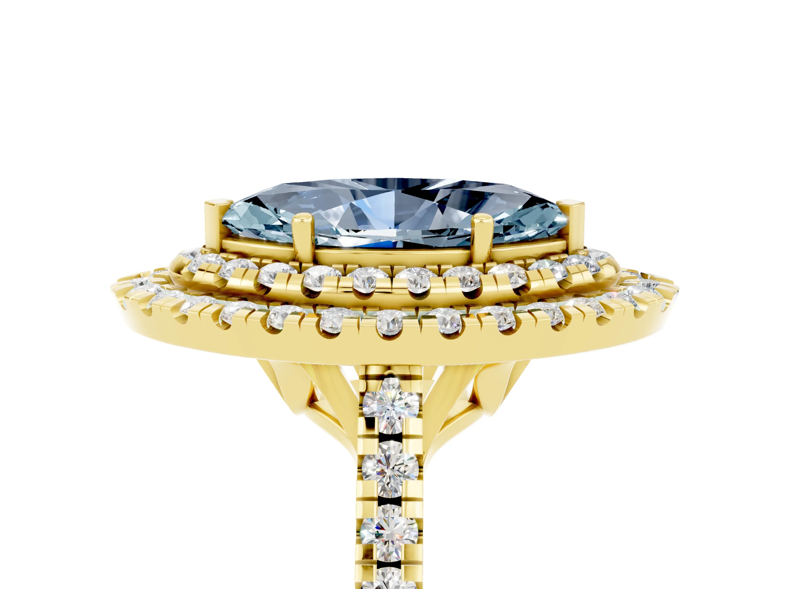 Yellow gold Double Halo Marquise Cut Aquamarine Pavé Band with Four-Prong Setting_5