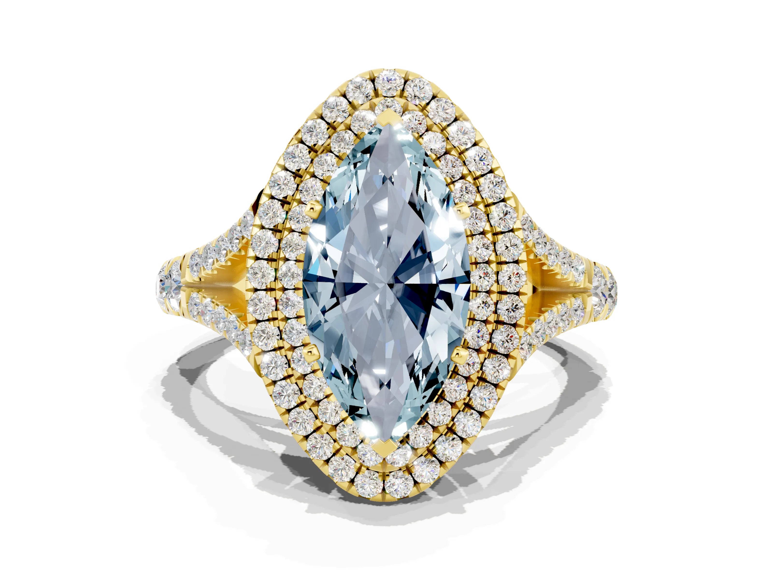 Yellow gold Double Halo Marquise Cut Aquamarine Pavé Split Shank Ring with Prong Setting