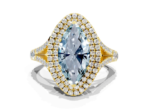 Yellow gold Double Halo Marquise Cut Aquamarine Pavé Split Shank Ring with Prong Setting