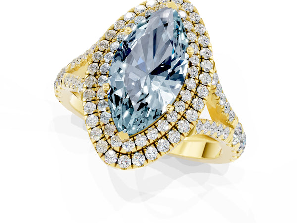 Yellow gold Double Halo Marquise Cut Aquamarine Pavé Split Shank Ring with Prong Setting